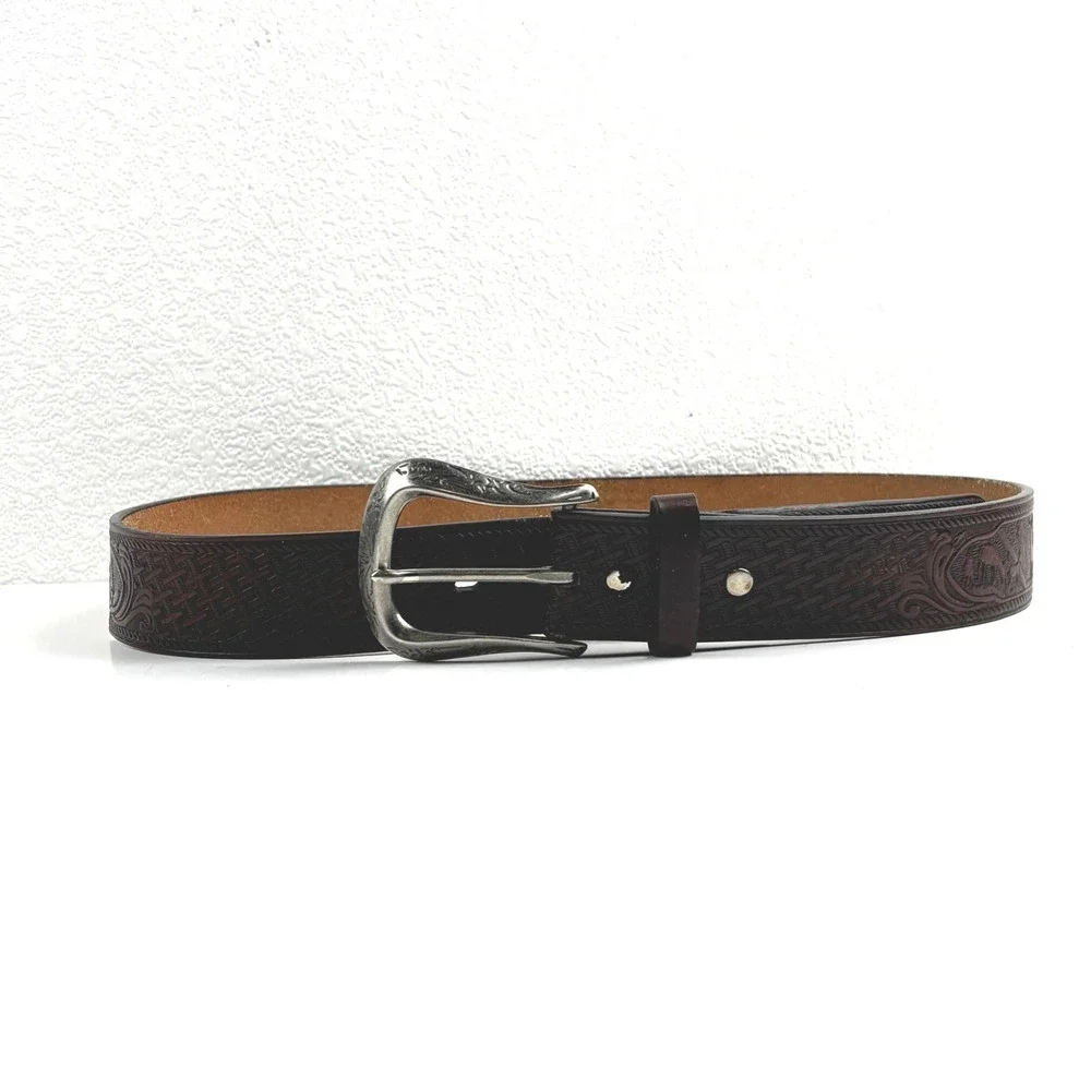 Leather Belt Mens 36 Brown Tooled Wildlife Deer Basketweave Western Embossed